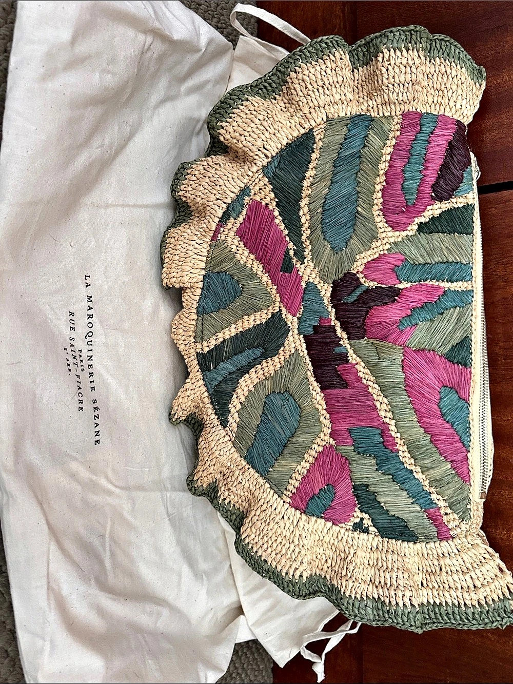 Sezane Embroidered Ruffle Clutch in Green & Pink Like New